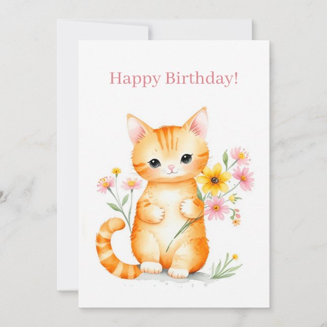 Cute Happy Cartoon Cat Kitten Birthday Holiday Card (Front)