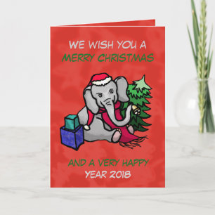 Cute Happy Cartoon Christmas Elephant Holiday Card