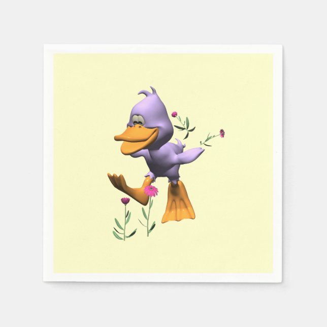 Cute Happy Cartoon Duck Running Through Flowers Napkin (Front)