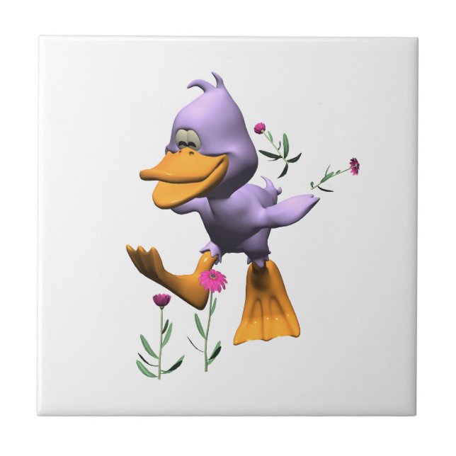 Cute Happy Cartoon Duck Running Through Flowers Tile (Front)