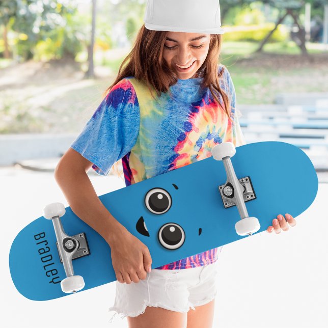 Cute Happy Cartoon Face Custom Personalized Name Skateboard (Creator Uploaded)
