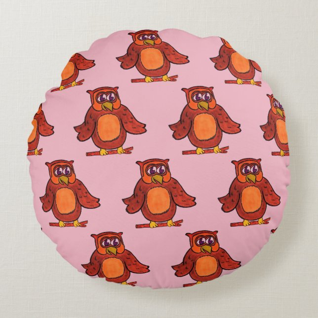 Cute Happy Cartoon Owls Pattern Round Cushion (Front)