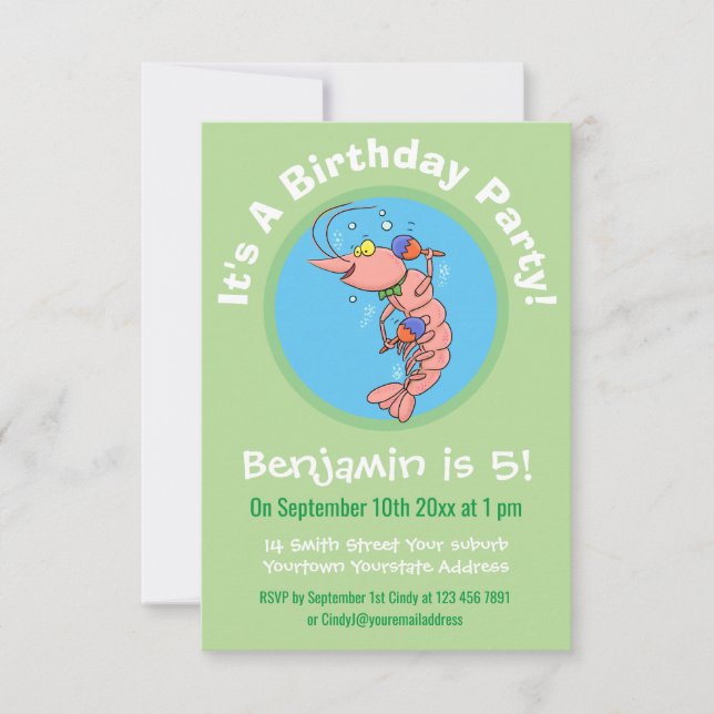 Cute happy cartoon prawn with maracas birthday invitation (Front)