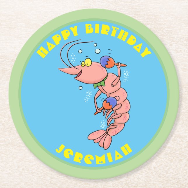 Cute happy cartoon prawn with maracas birthday round paper coaster (Front)
