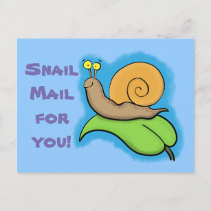 Cute happy cartoon snail on a leaf postcard