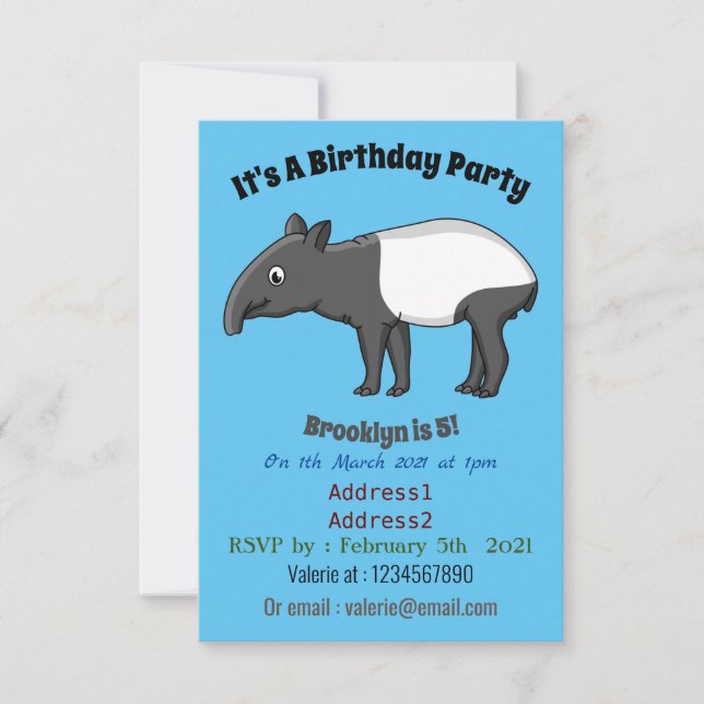 Cute happy cartoon tapir illustration invitation (Front)