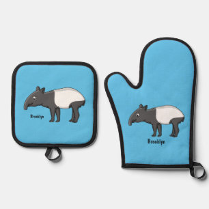 Cute happy cartoon tapir illustration oven mitt & pot holder set