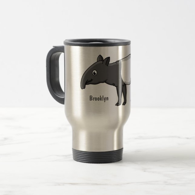 Cute happy cartoon tapir illustration travel mug (Front Left)