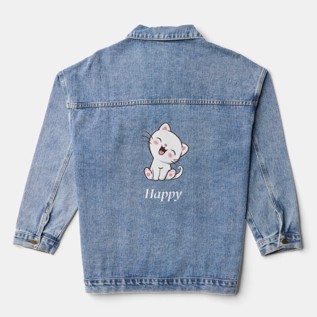 Cute Happy Cat and Editable Text Denim Jacket (Back)