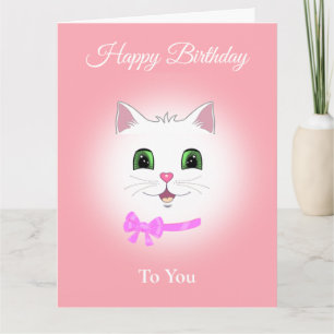 Cute Happy Cat Face Birthday on Light Coral Pink Card