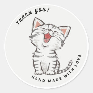 Cute Happy Cat Kitten Grey Thank You Classic Round Sticker