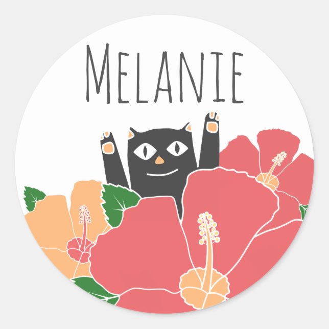 Cute Happy Cat Spring Flowers Personalised Classic Round Sticker (Front)