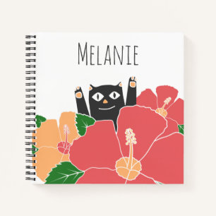 Cute Happy Cat Spring Flowers Personalised Notebook