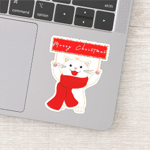 Cute Happy Cat Vinyl Sticker   Merry Christmas