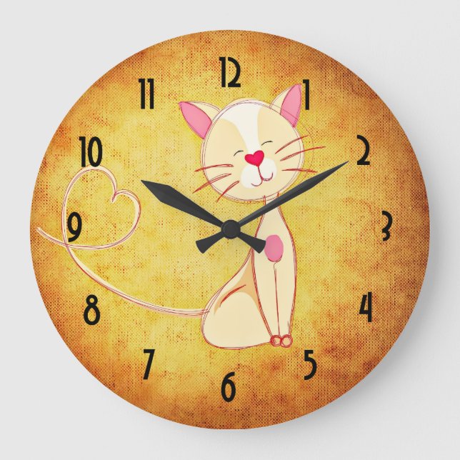 Cute happy Cat with a Heart Tail Large Clock (Front)