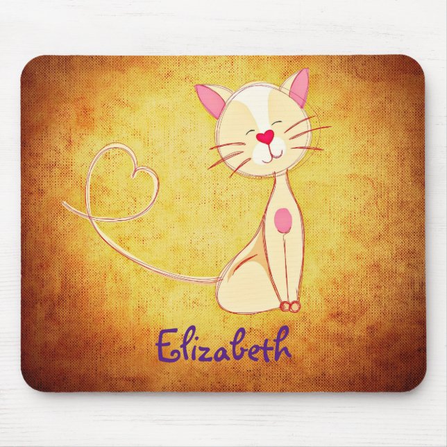 Cute happy Cat with a Heart Tail Personalised Mouse Mat (Front)
