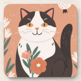 Cute Happy Cat with Spring Flowers  Coaster