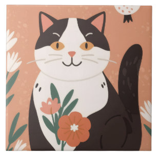 Cute Happy Cat with Spring Flowers Tile