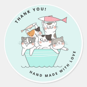 Cute Happy Cats Handmade with Love Thank You Order Classic Round Sticker