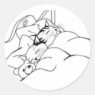Cute Happy Cats Sleeping in Bed with Teddy Bear Classic Round Sticker