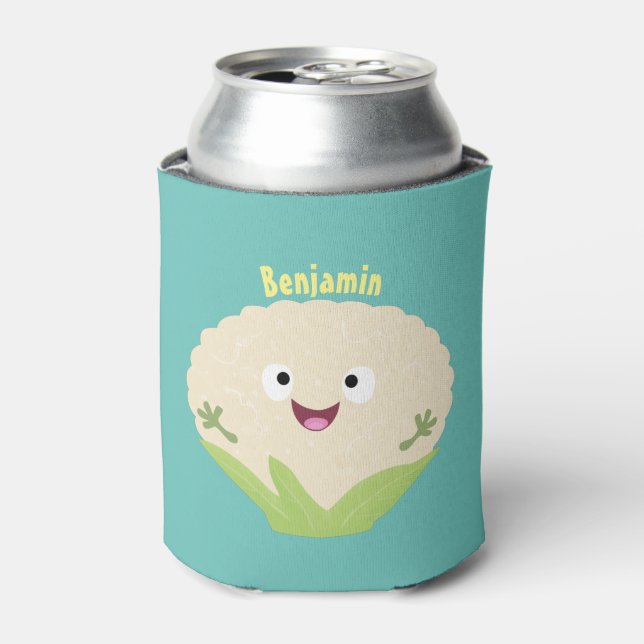 Cute happy cauliflower vegetable cartoon can cooler (Can Front)