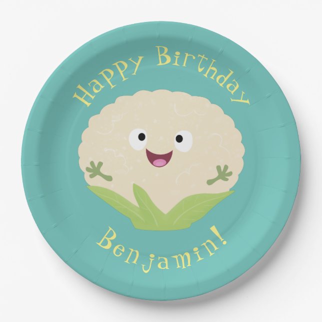 Cute happy cauliflower vegetable cartoon paper plate (Front)