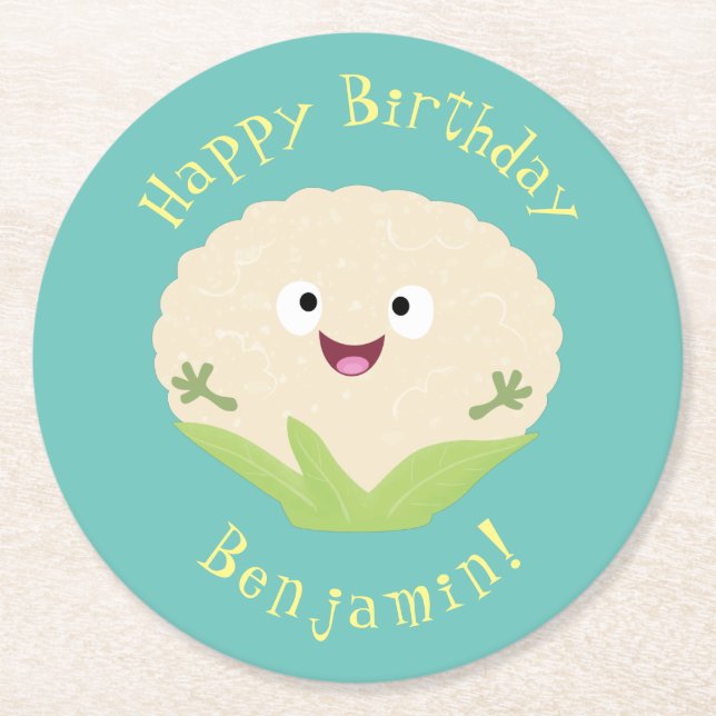 Cute happy cauliflower vegetable cartoon  round paper coaster (Front)