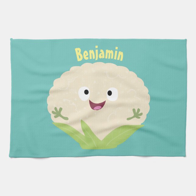 Cute happy cauliflower vegetable cartoon  tea towel (Horizontal)