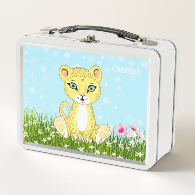 Cute Happy Cheetah Leopard and Flowers Metal Lunch Box (Front)
