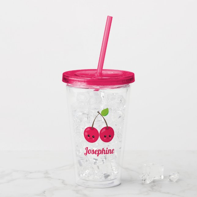 Cute Happy Cherries Monogram Acrylic Tumbler (Back Ice)