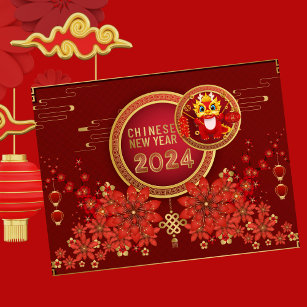 Cute Happy Chinese New Year 2024 Red Gold Floral Holiday Postcard