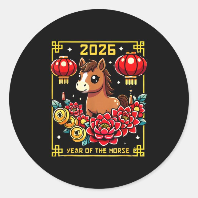 Cute Happy Chinese New Year Of The Hourse 2026 Lun Classic Round Sticker (Front)