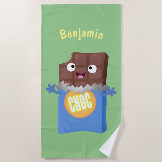 Cute happy chocolate candy bar cartoon character beach towel (Front)