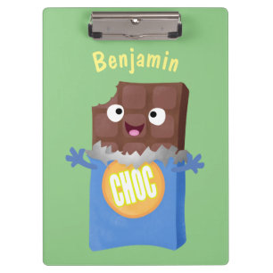 Cute happy chocolate candy bar cartoon character clipboard