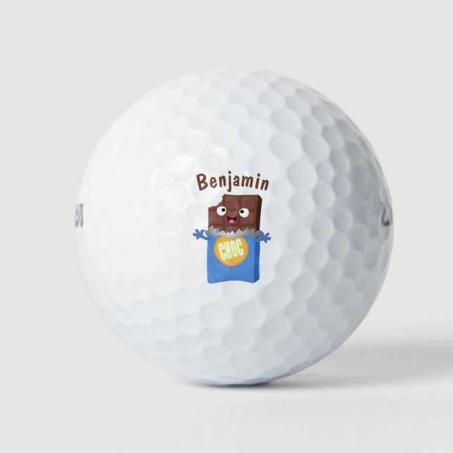 Cute happy chocolate candy bar cartoon character golf balls (Front)
