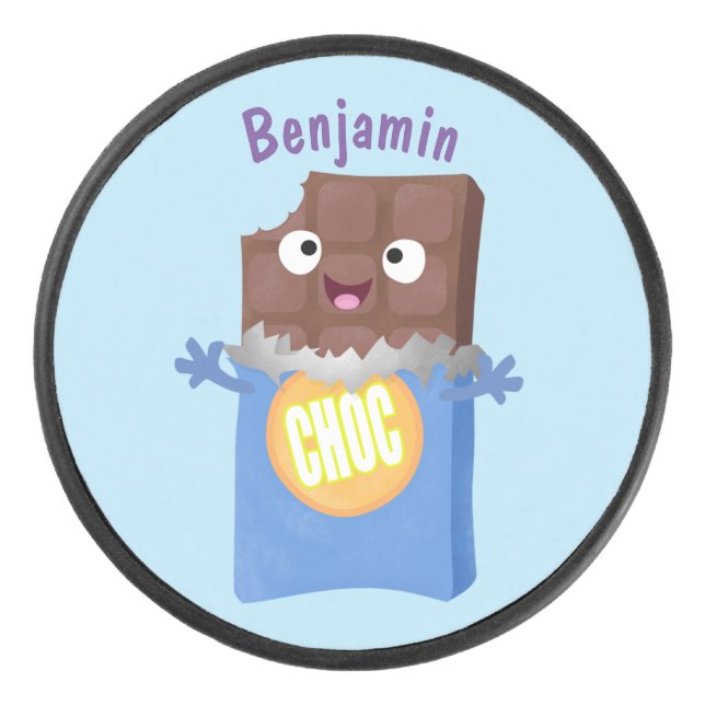 Cute happy chocolate candy bar cartoon character hockey puck (Front)