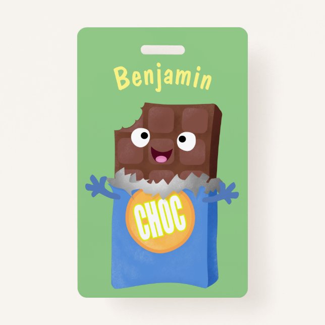 Cute happy chocolate candy bar cartoon character ID badge (Front)