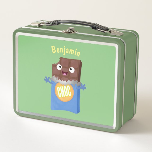 Cute happy chocolate candy bar cartoon character metal lunch box (Front)