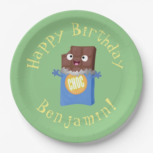 Cute happy chocolate candy bar cartoon character paper plate (Front)
