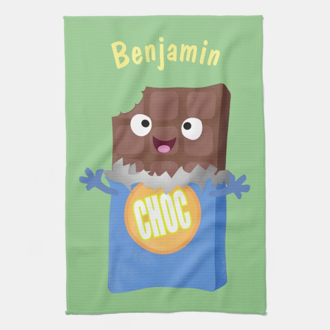 Cute happy chocolate candy bar cartoon character tea towel (Vertical)