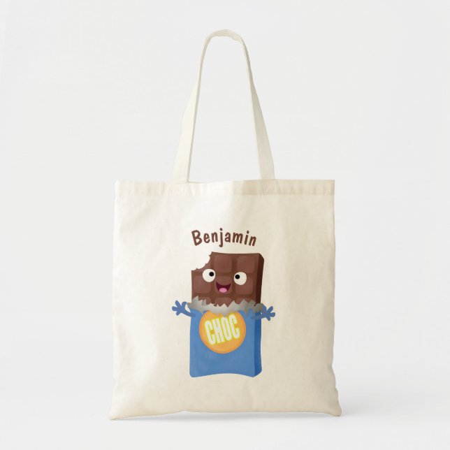 Cute happy chocolate candy bar cartoon character tote bag (Front)