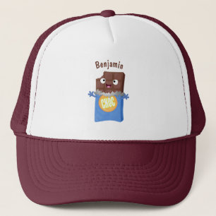 Cute happy chocolate candy bar cartoon character trucker hat