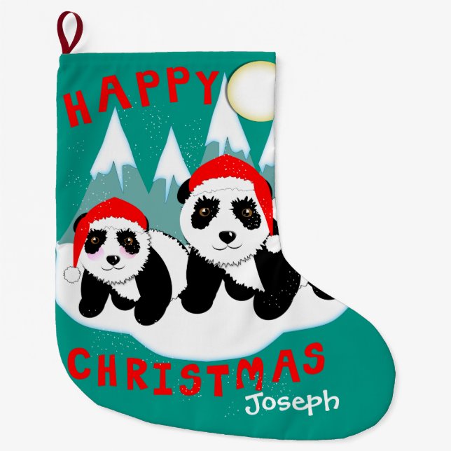 Cute Happy Christmas Panda Bears Personalised Large Christmas Stocking (Front)