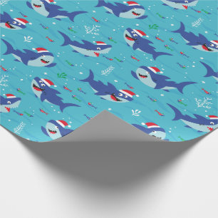 Cute Happy Christmas Sharks on blue Wrapping Paper