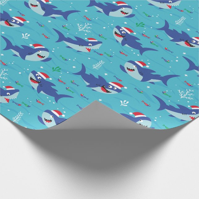 Cute Happy Christmas Sharks on blue Wrapping Paper (Corner)