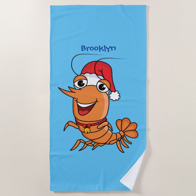 Cute happy Christmas shrimp cartoon illustration Beach Towel (Front)