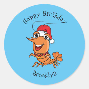 Cute happy Christmas shrimp cartoon illustration Classic Round Sticker