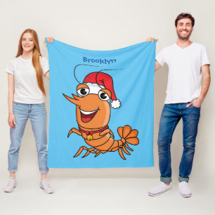 Cute happy Christmas shrimp cartoon illustration Fleece Blanket