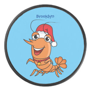 Cute happy Christmas shrimp cartoon illustration Hockey Puck