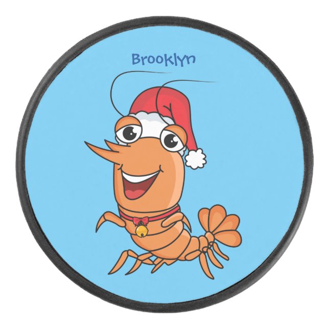 Cute happy Christmas shrimp cartoon illustration Hockey Puck (Front)